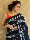 Handloom Mul Cotton Ajrakh Print Saree-Black