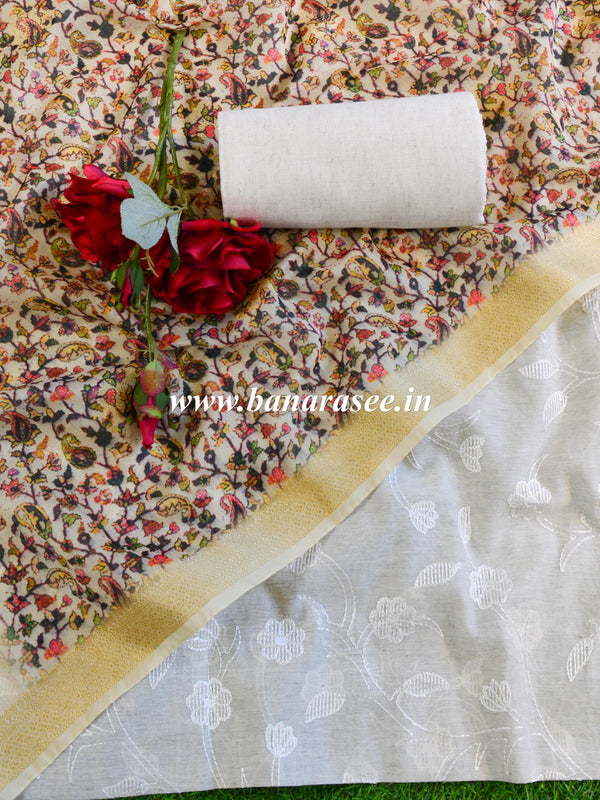 Banarasee Embroidered Linen Salwar Kameez With Dupatta-White