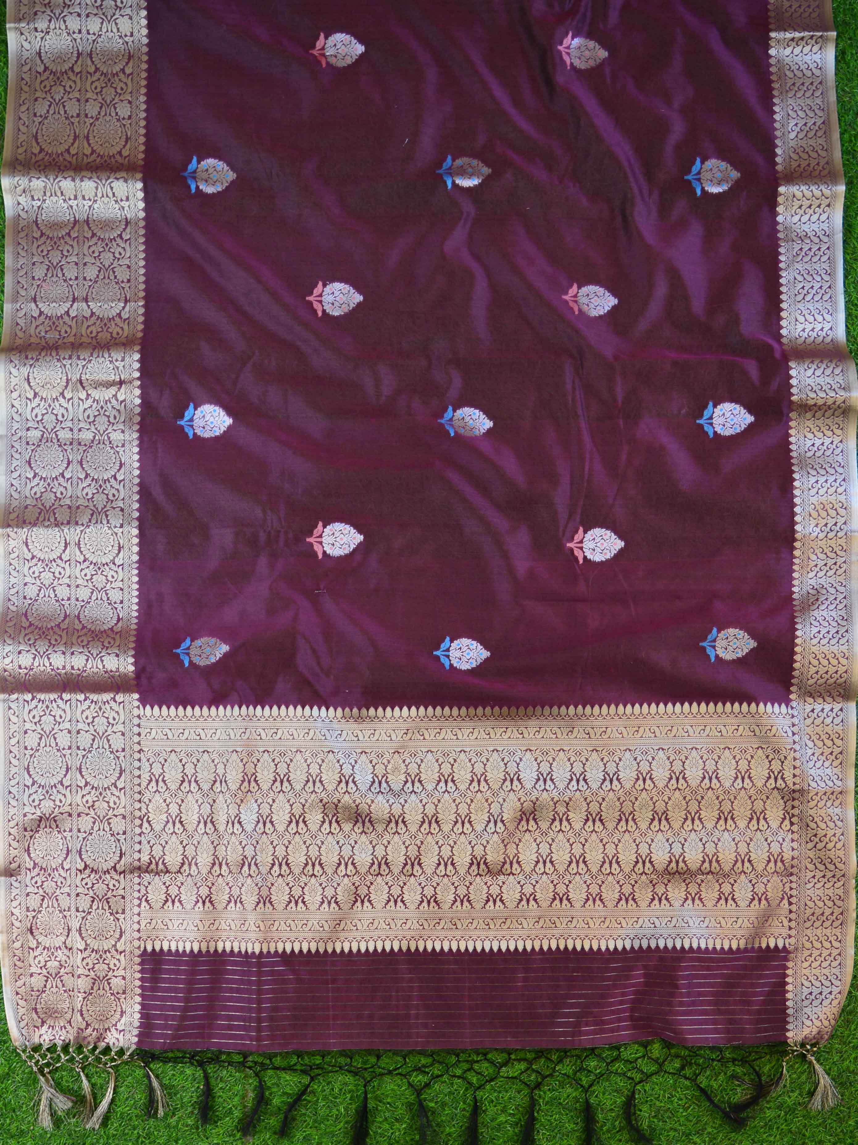Banarasee Handwoven Cotton Silk With Silver Zari Buta & Border-Wine