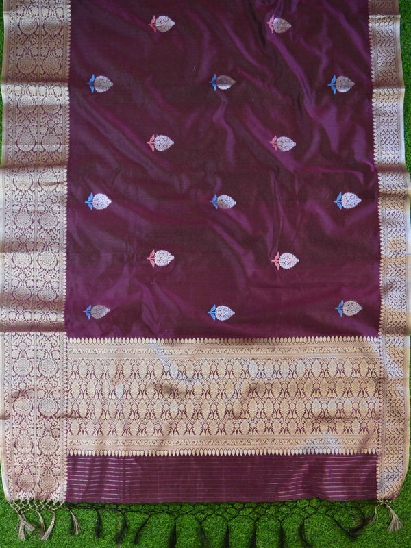 Banarasee Handwoven Cotton Silk With Silver Zari Buta & Border-Wine