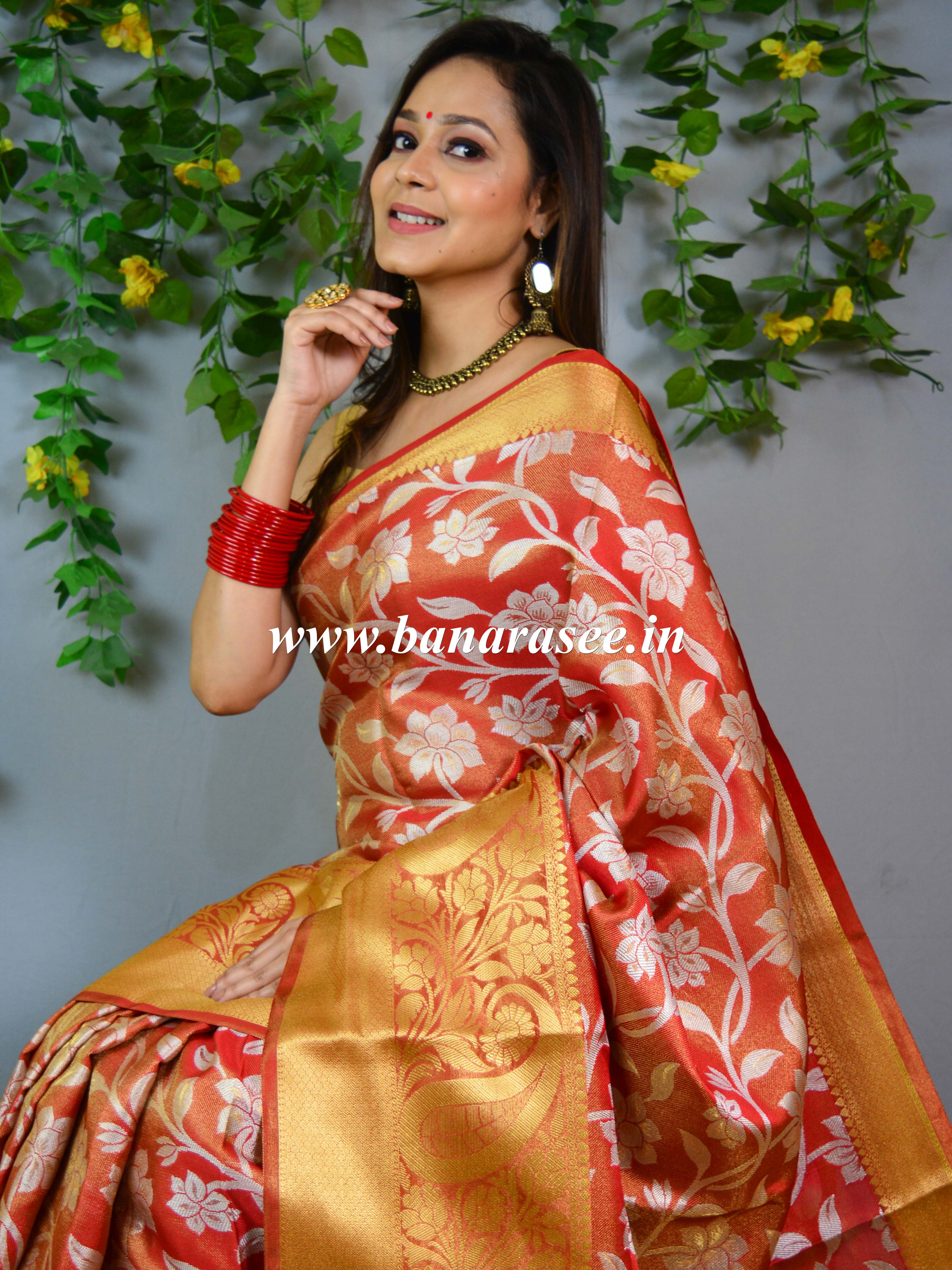 Banarasee Handwoven Tissue Heavy Jaal Work Saree-Red