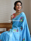 Bhagalpur Handloom Pure Linen Cotton Resham Embroidered Saree-Blue