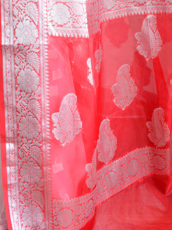 Banarasee Organza Mix Saree With Silver Zari Buta & Contrast Floral Border-White