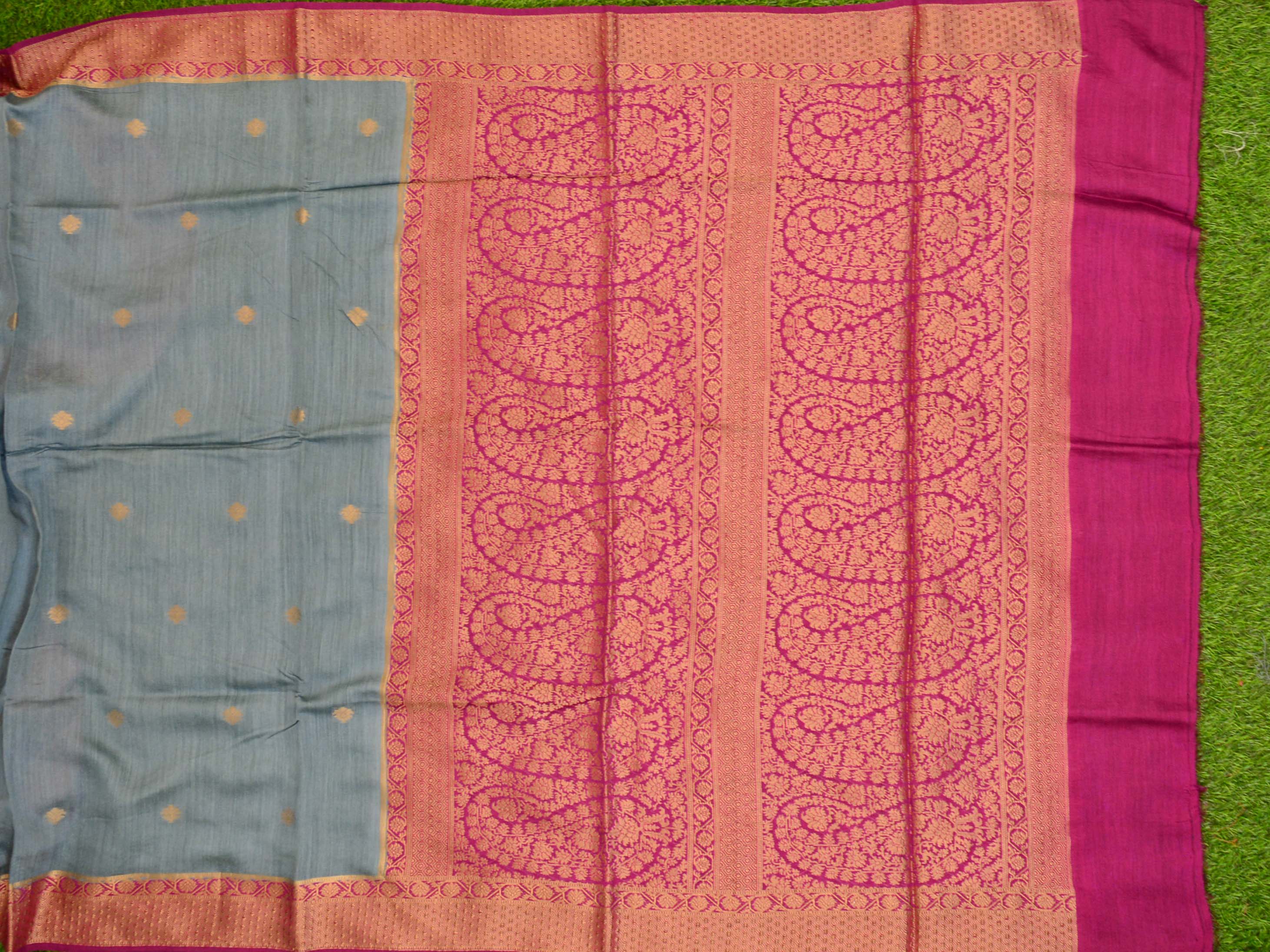 Banarasee Handwoven Pure Muga Silk Sari With Floral Border & Pallu-Gray