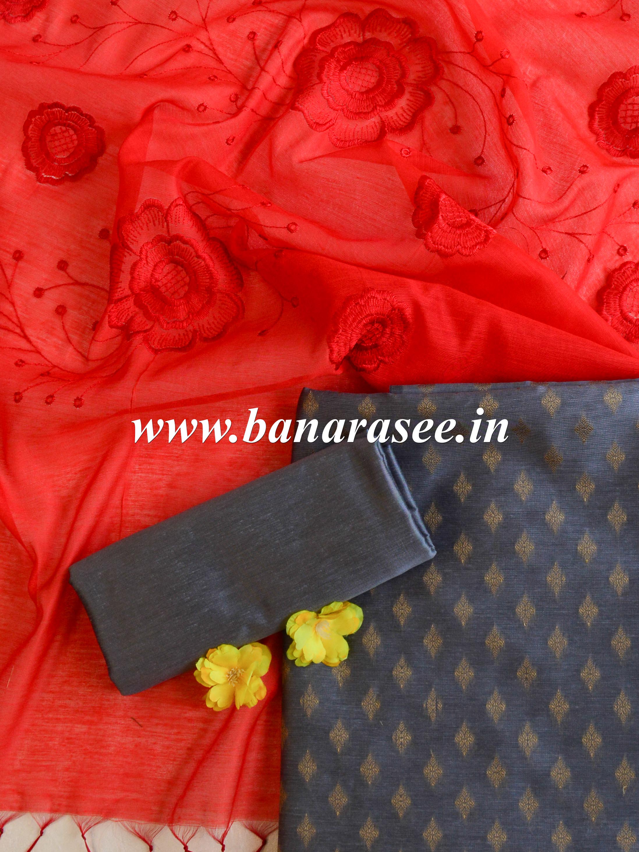 Banarasee Brocade Salwar Kameez Fabric With Organza Dupatta-Grey & Red