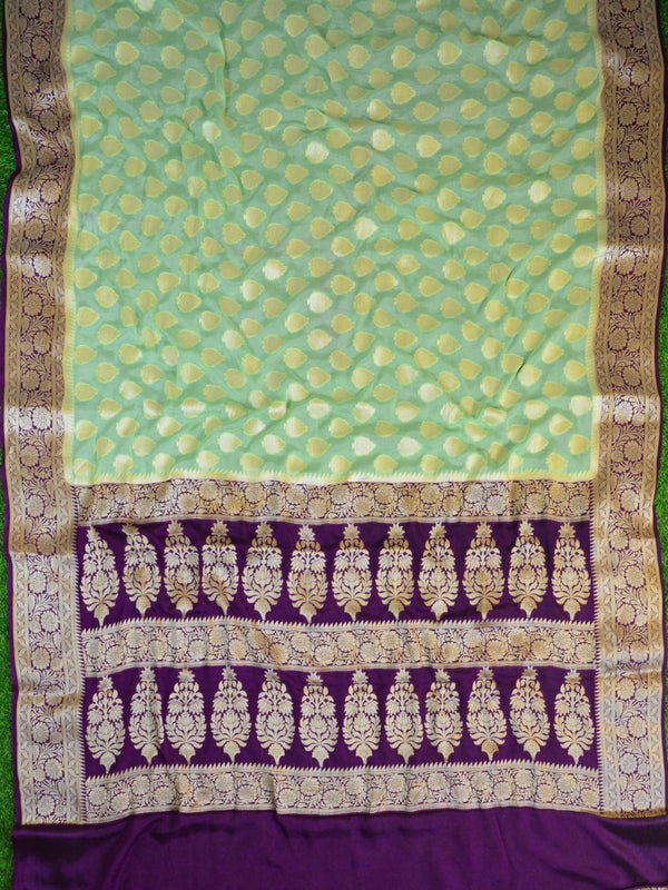 Banarasee Pure Chiffon Saree With Gold Zari Buti & Floral Border-Lime Green