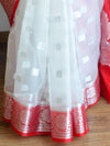 Banarasee Organza Mix Saree With Silver Zari Buta & Contrast Floral Border-White