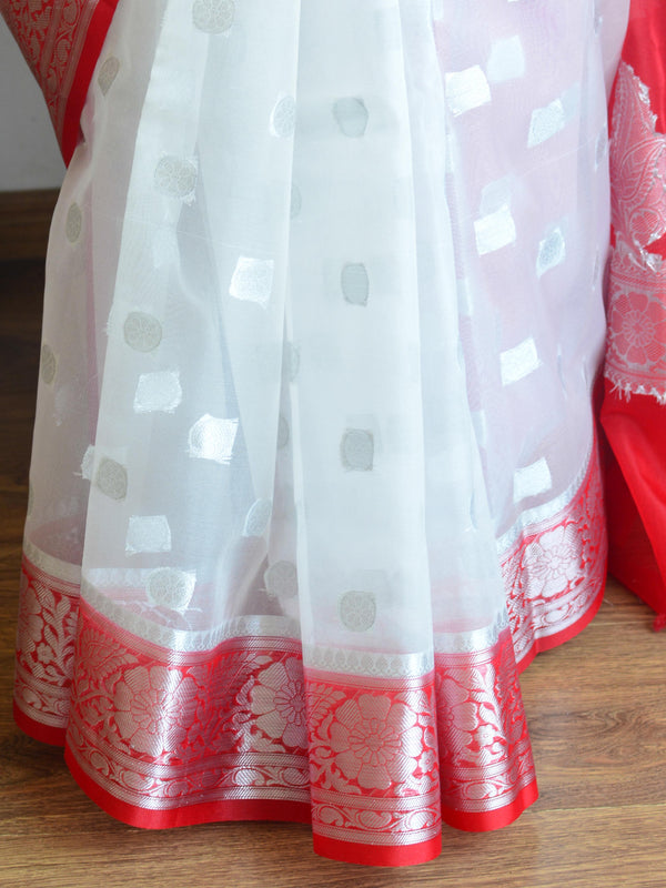Banarasee Organza Mix Saree With Silver Zari Buta & Contrast Floral Border-White