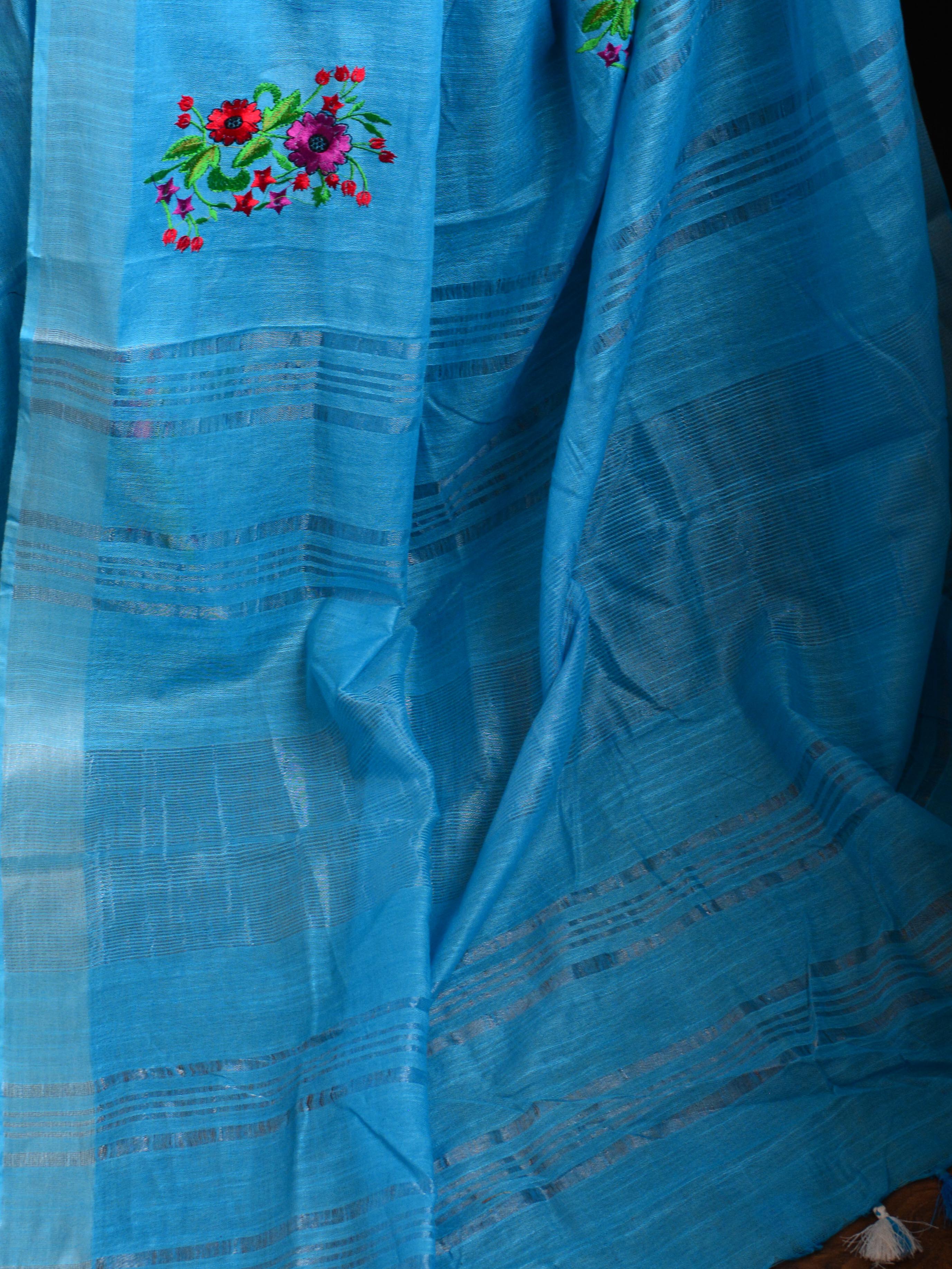 Bhagalpur Handloom Pure Linen Cotton Resham Embroidered Saree-Blue