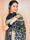 Banarasee Handwoven Semi-Chiffon Saree With Bel Design & Broad Floral Border-Black