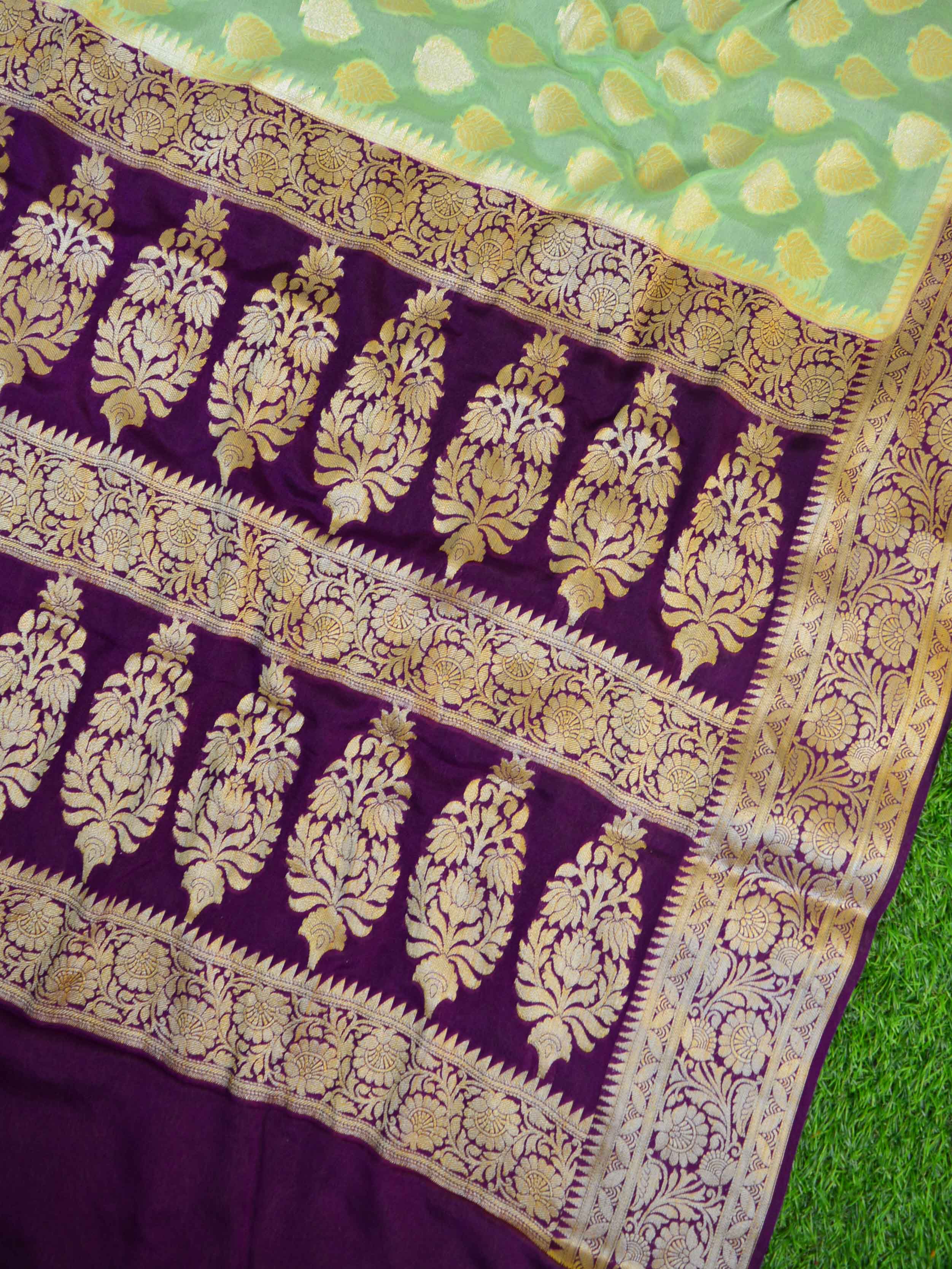 Banarasee Pure Chiffon Saree With Gold Zari Buti & Floral Border-Lime Green