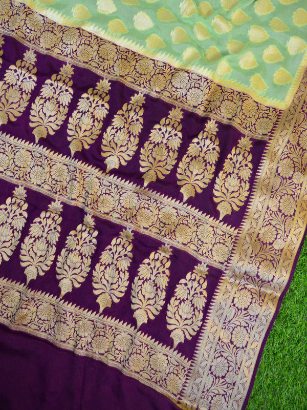 Banarasee Pure Chiffon Saree With Gold Zari Buti & Floral Border-Lime Green