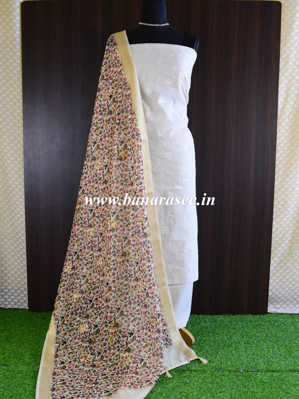 Banarasee Embroidered Linen Salwar Kameez With Dupatta-White