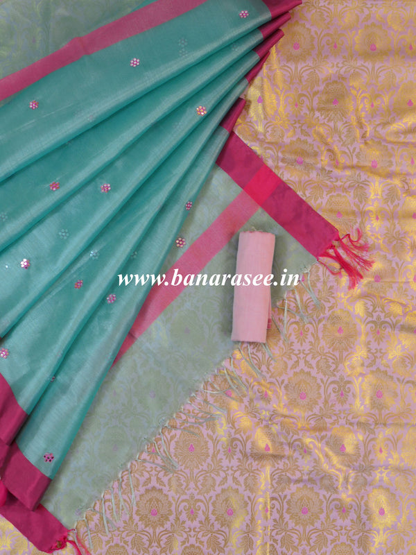 Banarasee Handwoven Satin Brocade Salwar Kameez Fabric & Mirror Work Tissue Dupatta-Pink