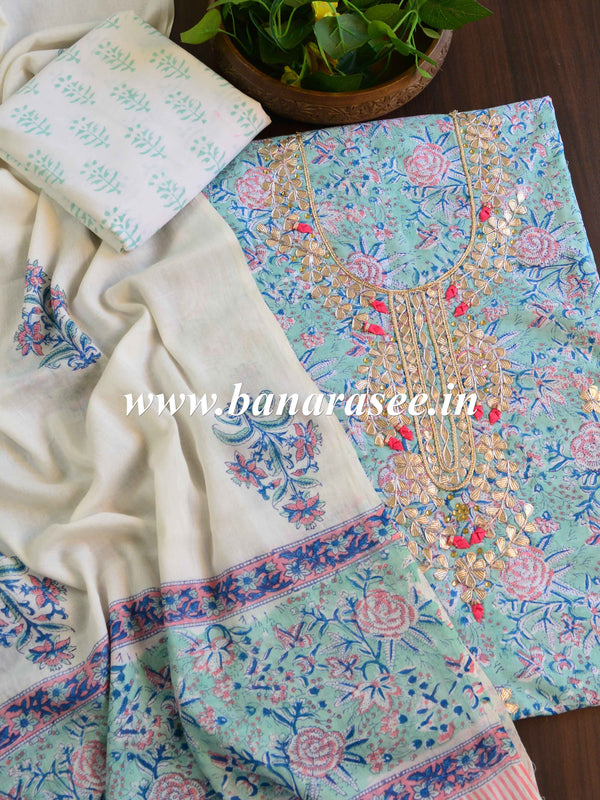 Pure Handloom Mul Cotton Bagru Block Print Gotapatti Suit Set-Green & White