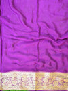 Banarasee Pure Chiffon Saree With Gold Zari Buti & Floral Border-Lime Green