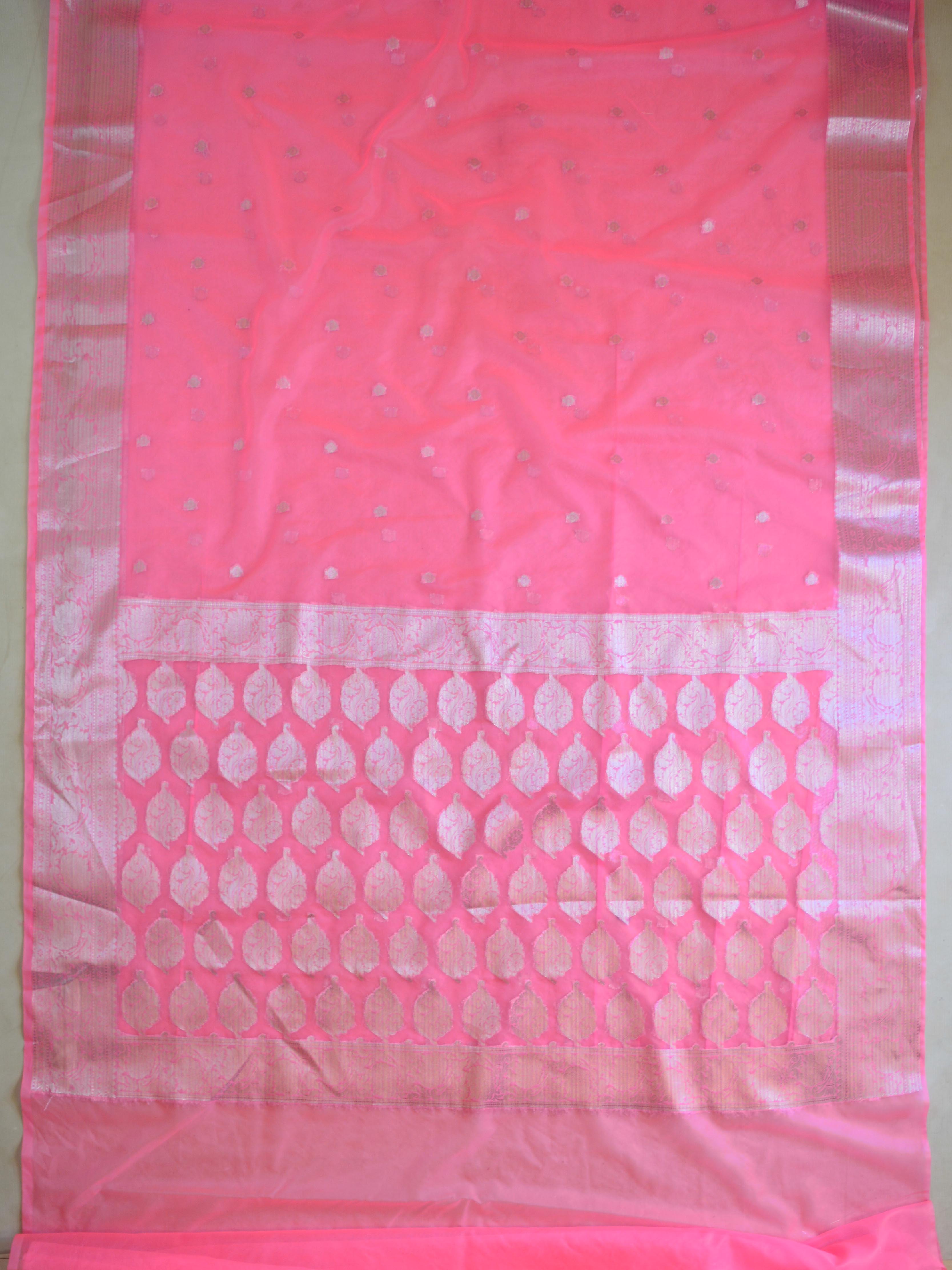 Banarasee Organza Mix Saree With Silver Zari-Neon Pink