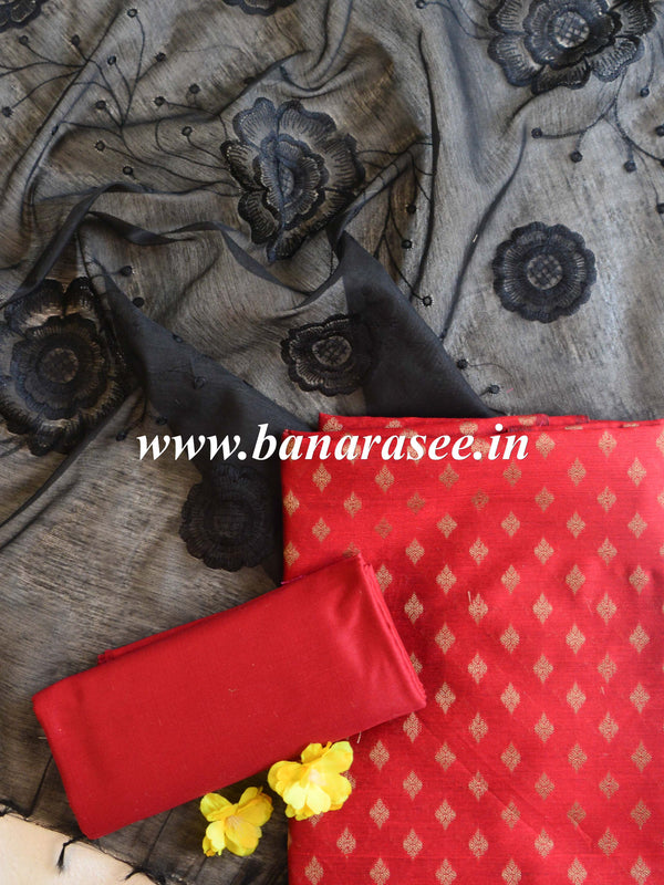Banarasee Brocade Salwar Kameez Fabric With Organza Dupatta-Red & Black
