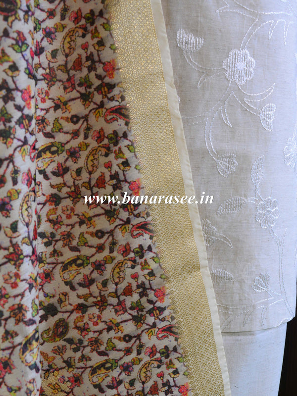 Banarasee Embroidered Linen Salwar Kameez With Dupatta-White