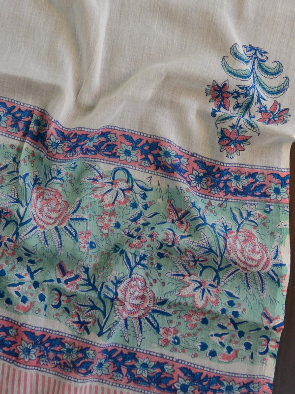Pure Handloom Mul Cotton Bagru Block Print Gotapatti Suit Set-Green & White
