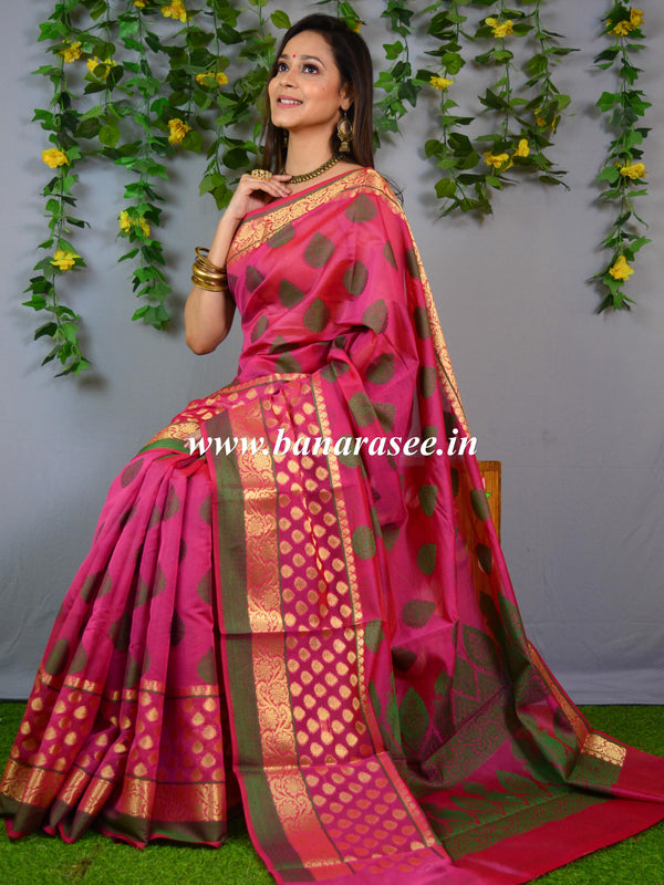 Banarasee Cotton Mix Saree With Zari & Resham Design-Pink