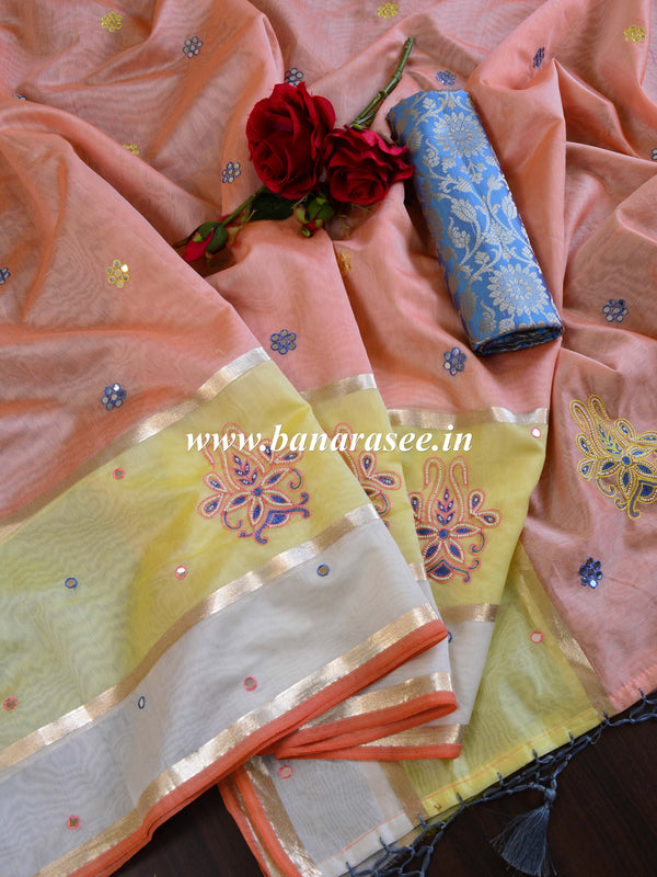 Banarasee Chanderi Cotton Hand-Embroidered Saree-Peach