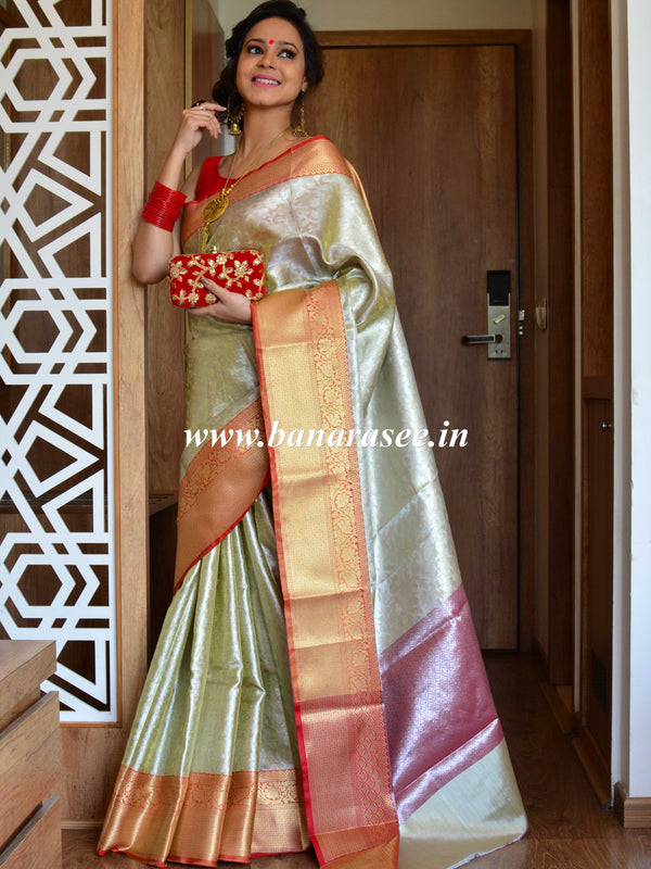 Banarasee Handwoven Red Border Saree With Self Weaving design & Contrast Border-Silver