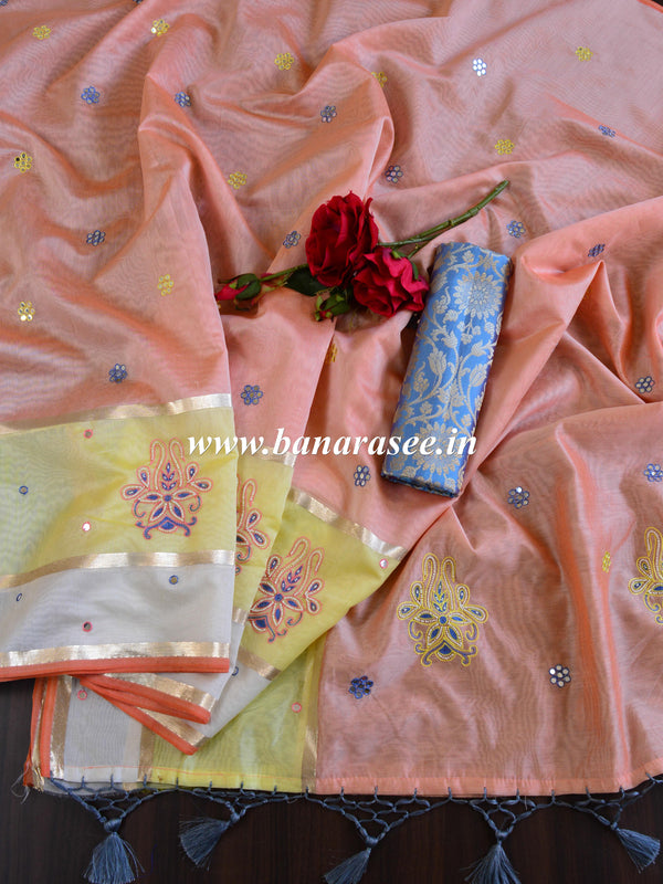 Banarasee Chanderi Cotton Hand-Embroidered Saree-Peach