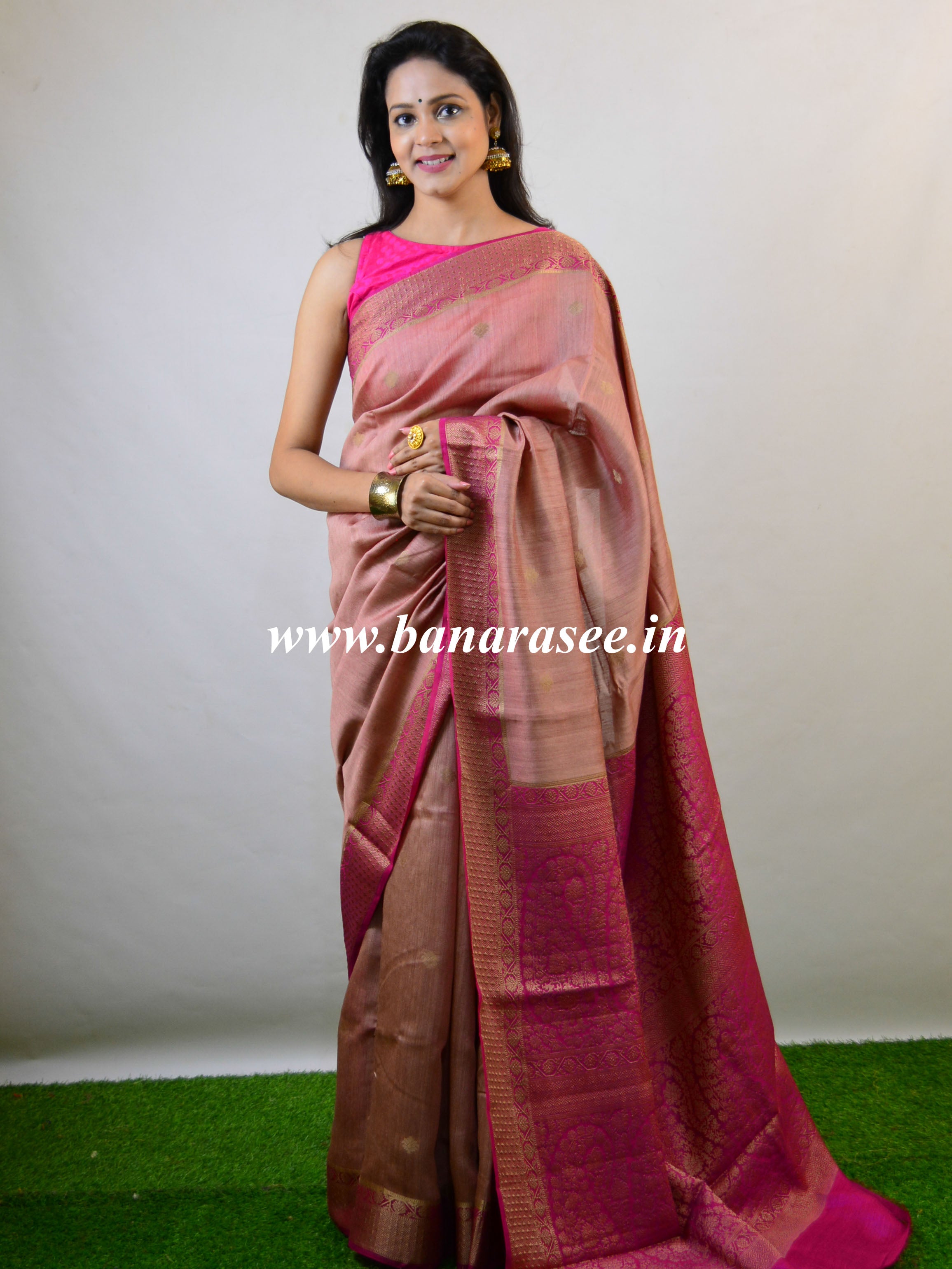 Banarasee Handwoven Pure Muga Silk Sari With Floral Border & Pallu-Salmon Pink