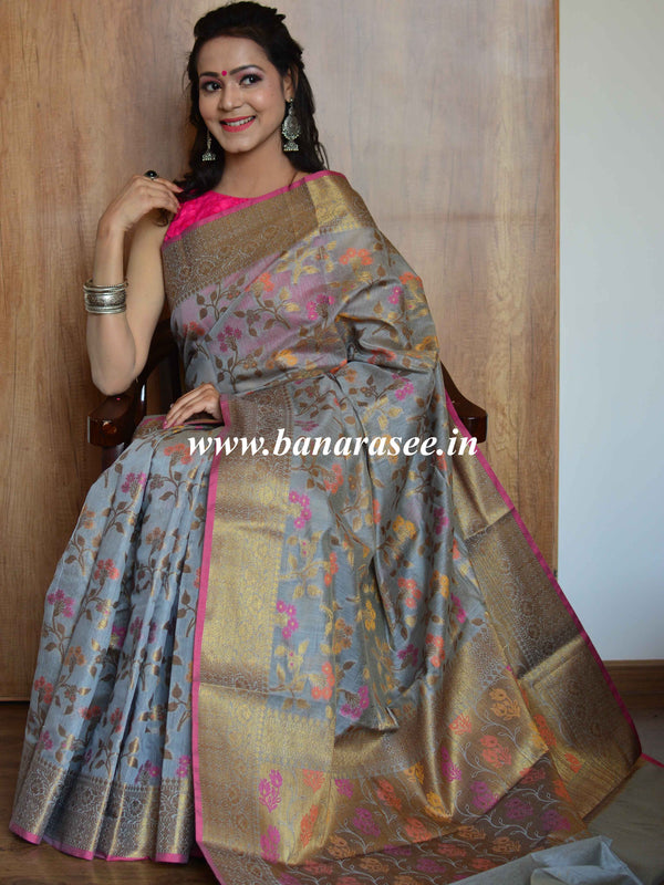 Banarasee Cotton Silk  Saree With Antique Zari Buti & Border-Grey