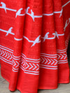 Handloom Mul Cotton Block Print Saree-Red