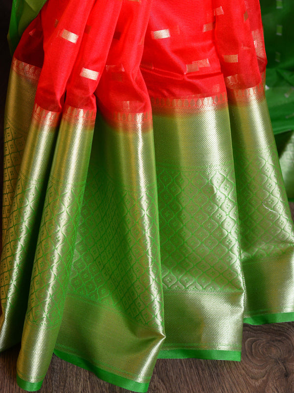 Banarasee Organza Mix Saree With small buti Design & Broad Skirt Border-Red & Green