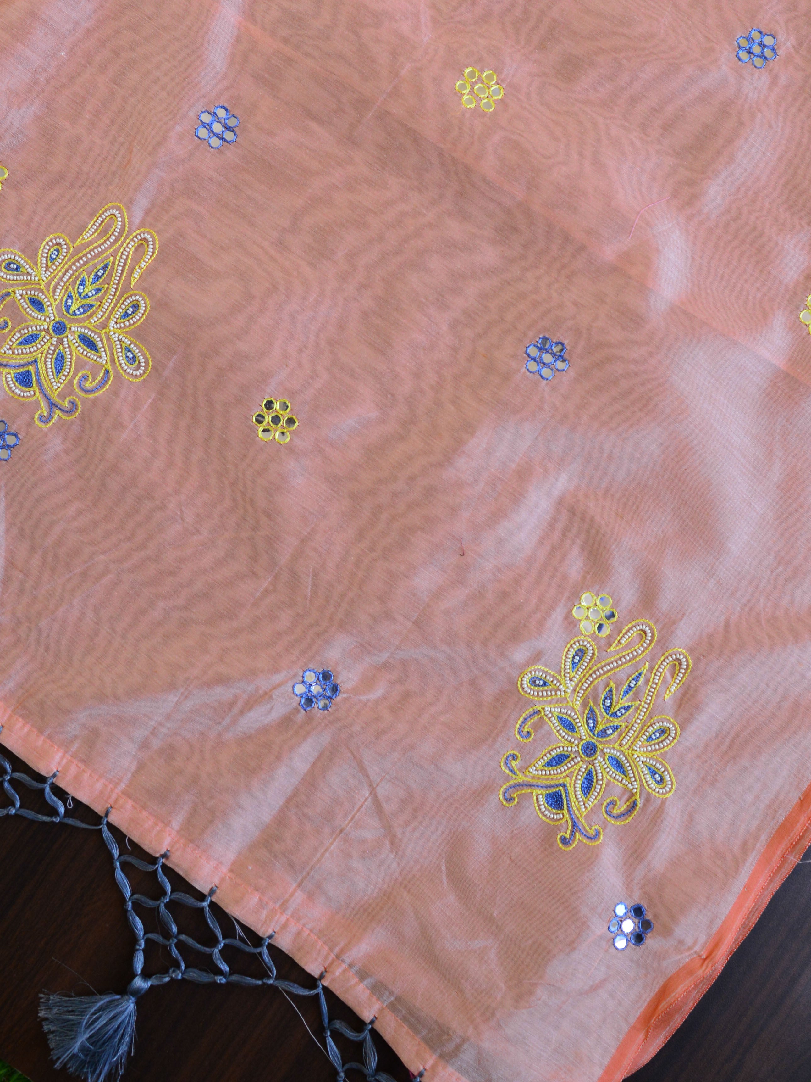 Banarasee Chanderi Cotton Hand-Embroidered Saree-Peach