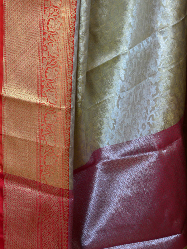 Banarasee Handwoven Red Border Saree With Self Weaving design & Contrast Border-Silver