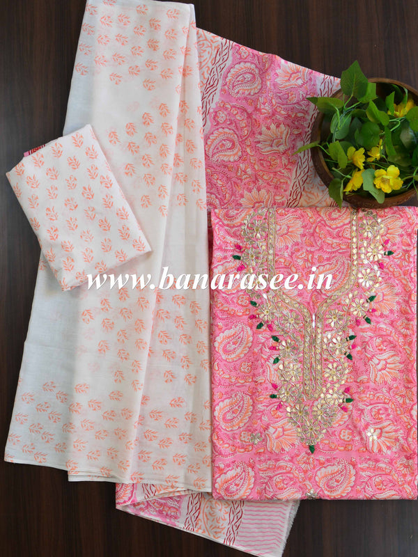 Pure Handloom Mul Cotton Bagru Block Print Gotapatti Suit Set-Pink & White