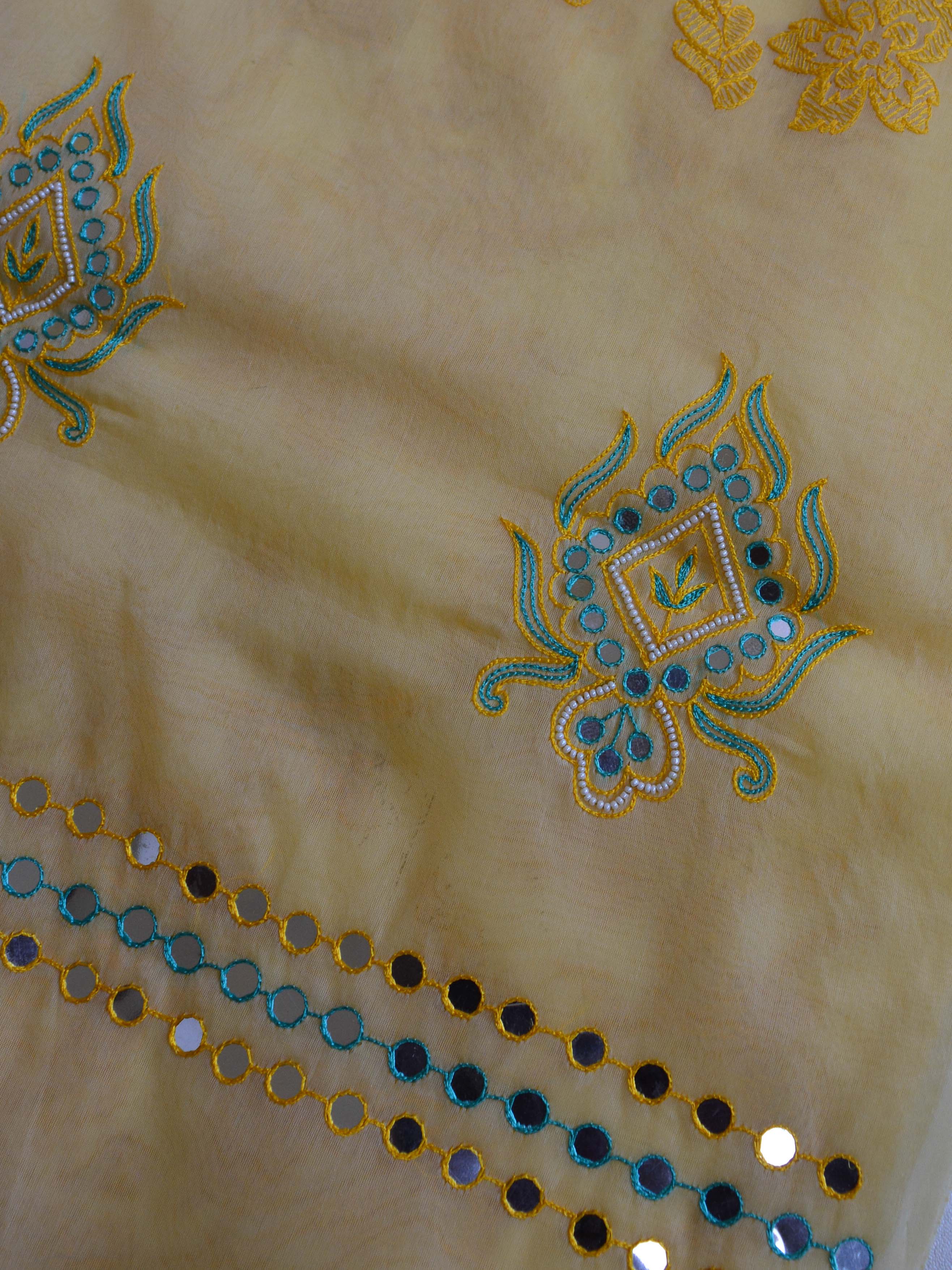 Banarasee Handwoven Organza Silk Embroidered Saree With Contrast Silk Cotton Blouse-Yellow & Green