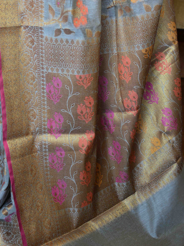 Banarasee Cotton Silk  Saree With Antique Zari Buti & Border-Grey