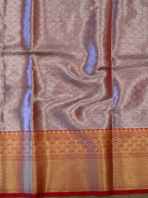 Banarasee Handwoven Red Border Saree With Self Weaving design & Contrast Border-Silver