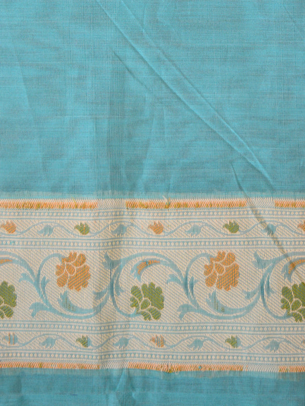 Banarasee Handloom Cotton Saree With Resham Paithani Border & Pallu-Blue