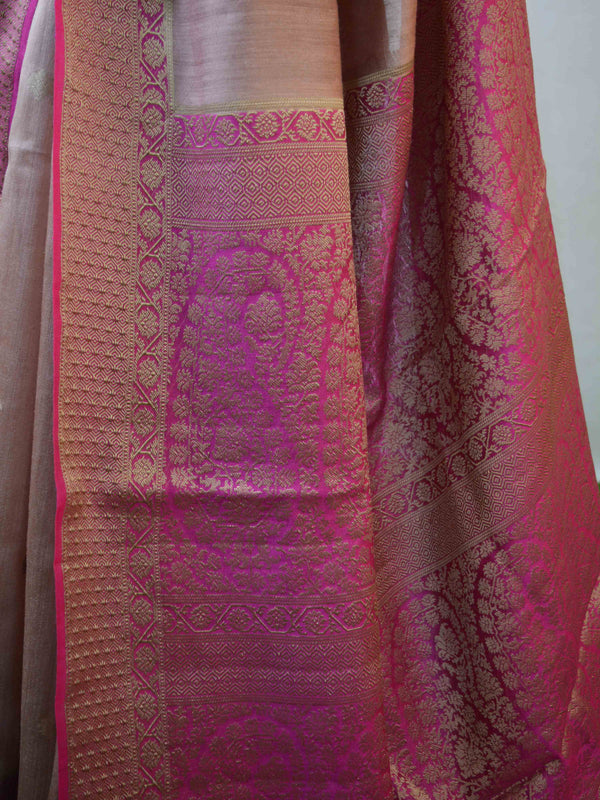 Banarasee Handwoven Pure Muga Silk Sari With Floral Border & Pallu-Salmon Pink