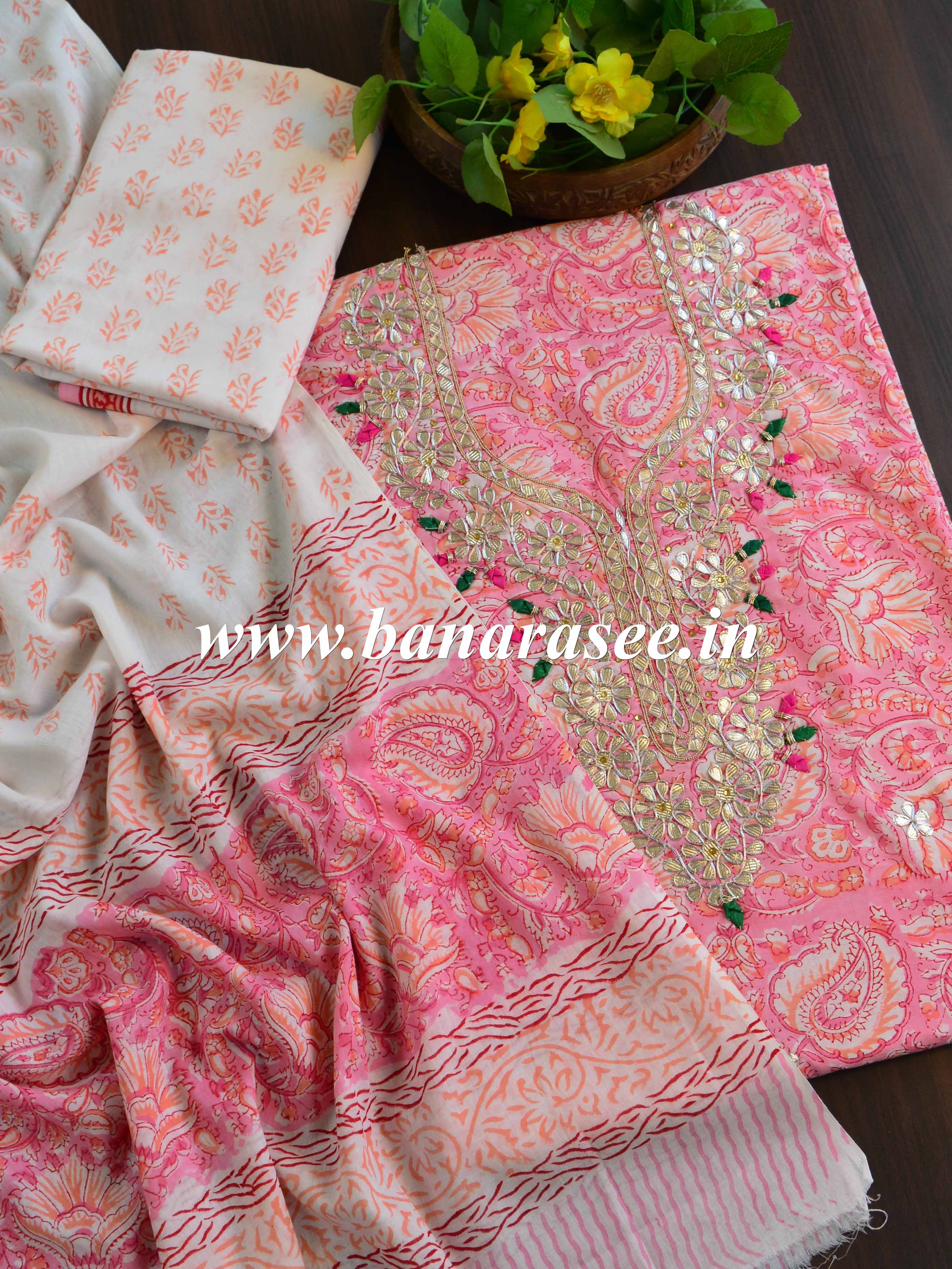 Pure Handloom Mul Cotton Bagru Block Print Gotapatti Suit Set-Pink & White