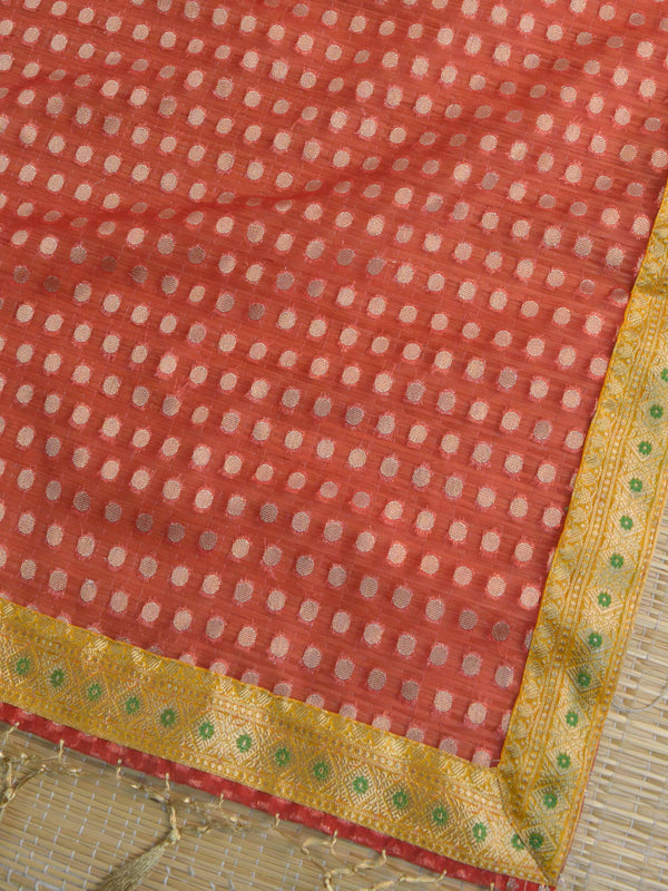Banarasee Cotton Silk Salwar Kameez Fabric Paithani Border Design With Georgette Dupatta -Red & Yellow