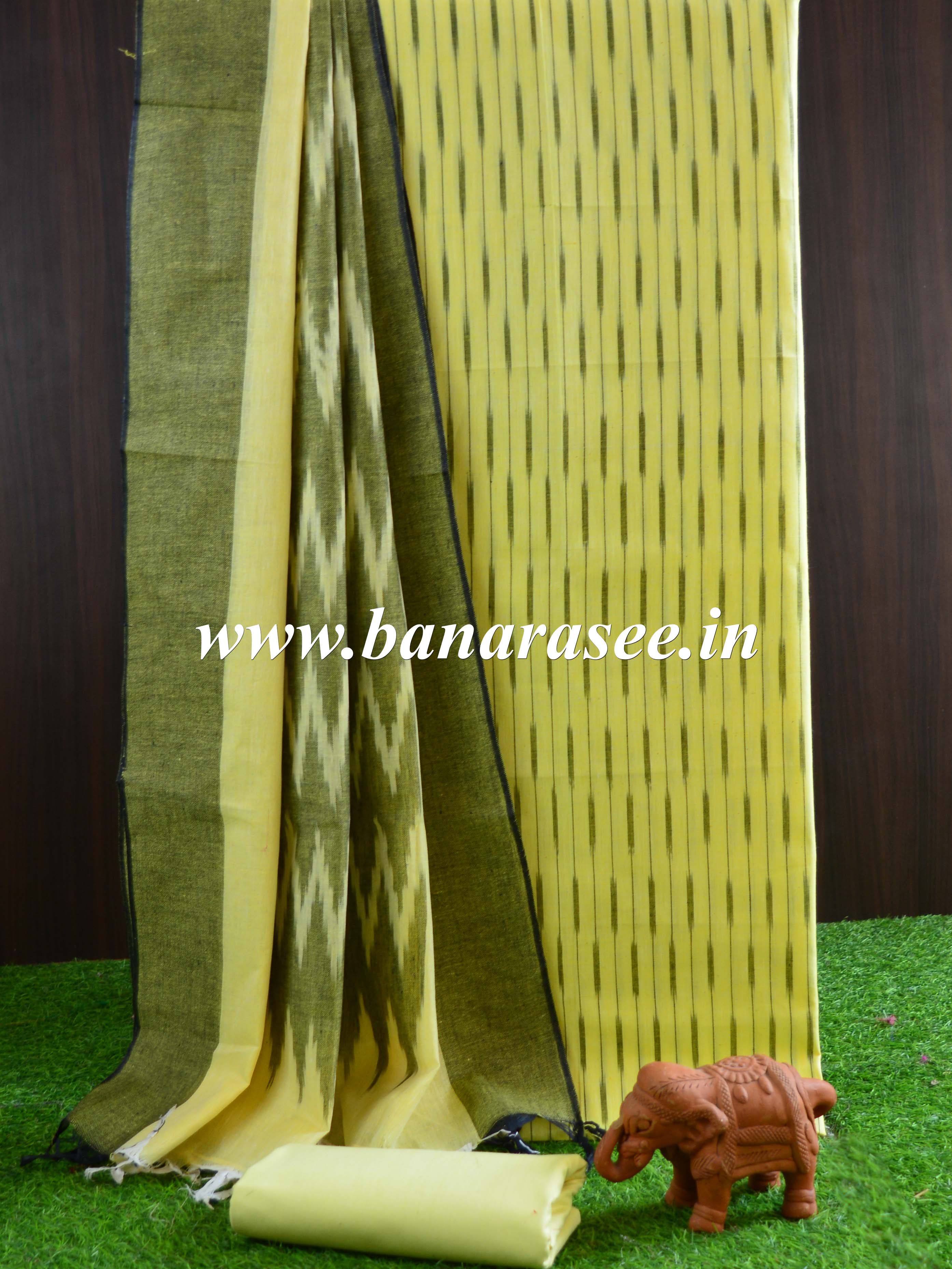 Bhagalpuri Ikkat Cotton Kameez With Dupatta & Bottom-Yellow