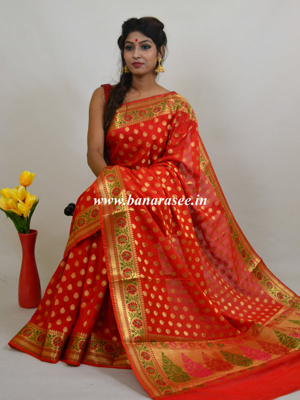 Banarasee Art Silk Saree with Zari Paithani Border-Red