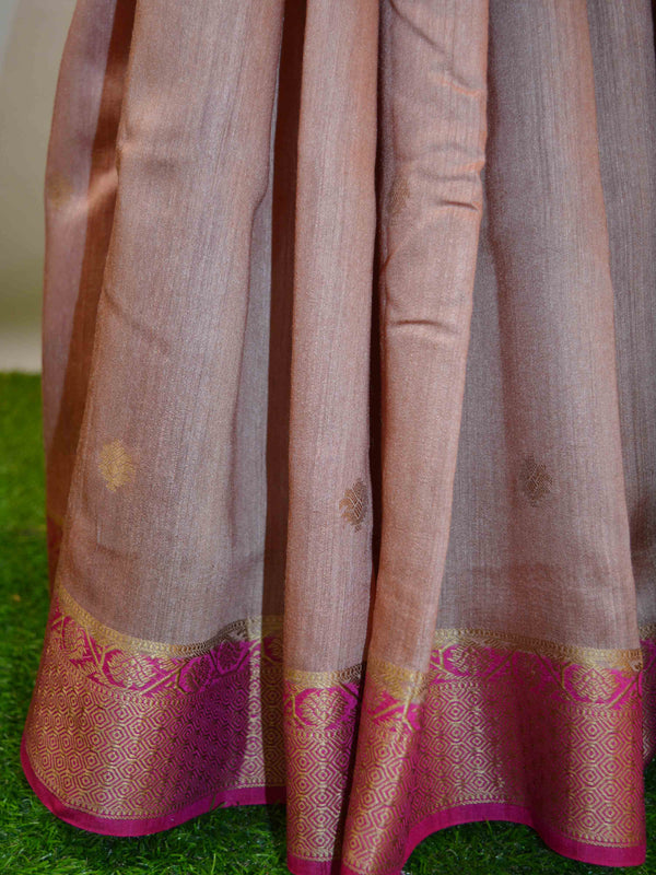 Banarasee Handwoven Pure Muga Silk Sari With Floral Border & Pallu-Salmon Pink
