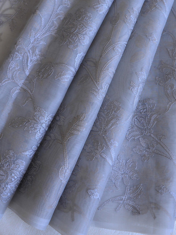 Banarasee Handwoven Organza Silk Embroidered Saree With Contrast Silk Cotton Blouse-Grey & Peach