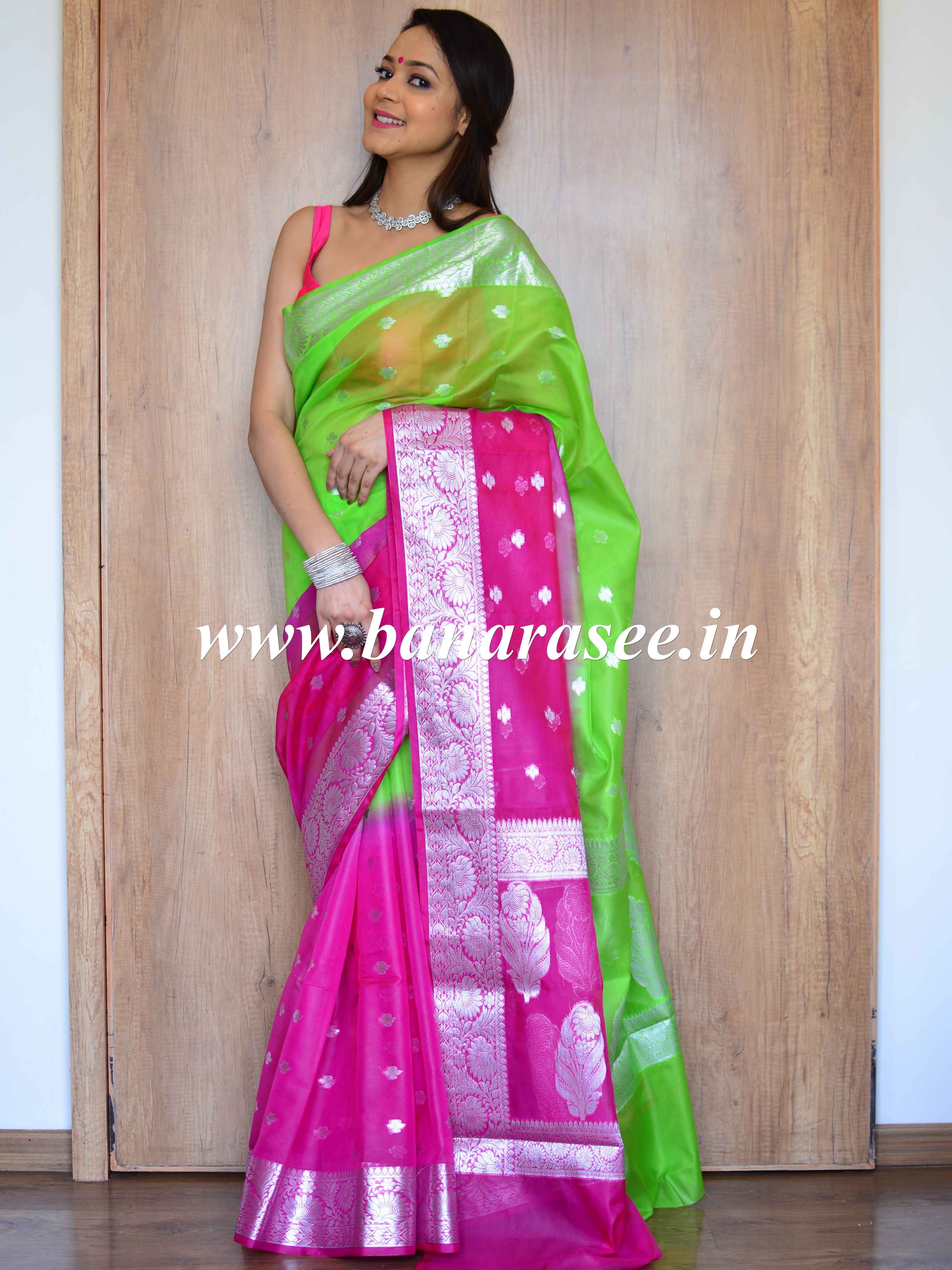 Banarasee Organza Saree With Silver Zari Design & Dual Color-Pink & Green