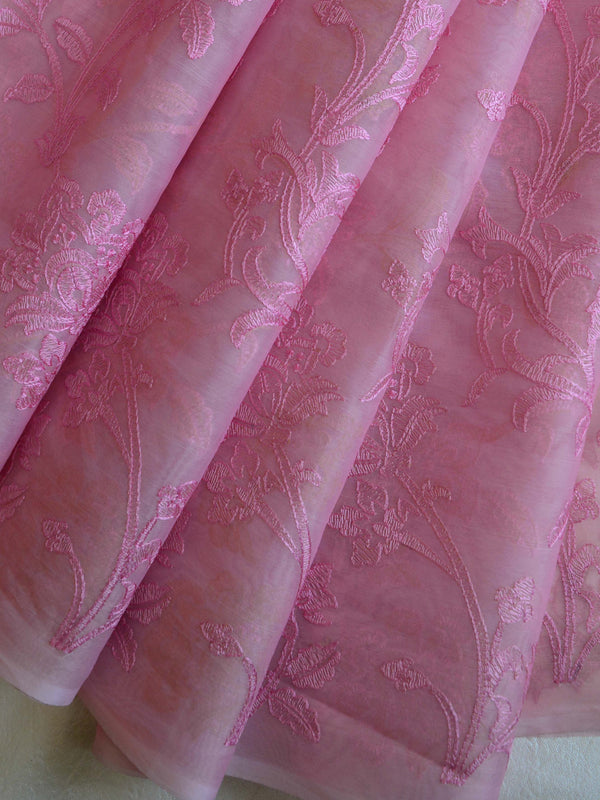 Banarasee Handwoven Organza Silk Embroidered Saree With Contrast Silk Cotton Blouse-Pink & Peach