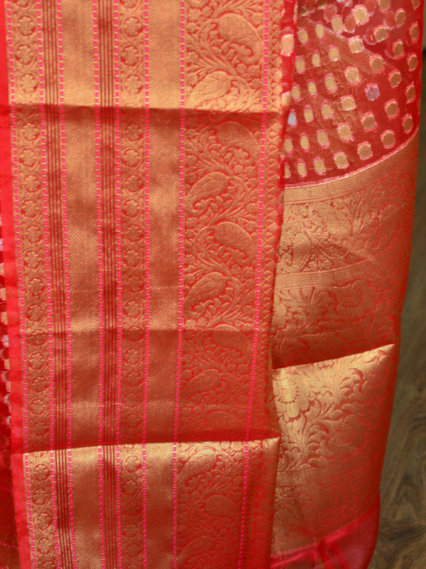 Banarasee Handwoven Semi-Chiffon Saree With Asharfi Buta & Broad Border-Red