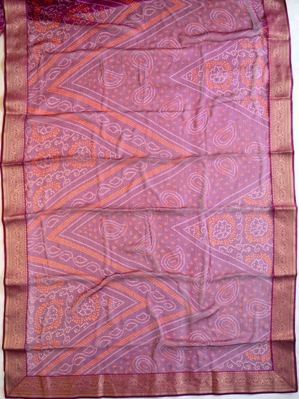 Banarasee Chiffon Blend Saree Chunri Print Zari Border & Silk Blouse-Violet